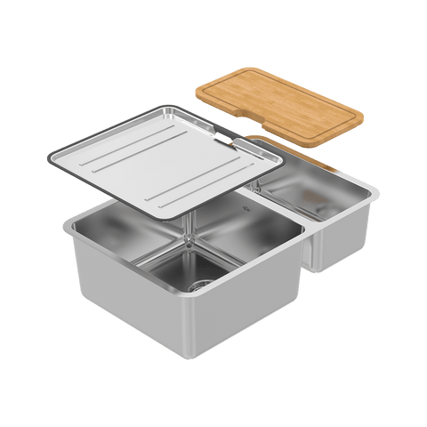 Abey Lago Sink 1 & 1/3 Bowl 650x440mm Topmount/Undermount (Inc. Tray & Chopping Board) Stainless Steel NL180