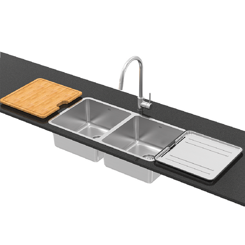 Abey Lago Sink Double Bowl 830x440mm Topmount/Undermount (Inc. Mixer, Tray & Chopping Board) Stainless Steel NL200T12 (KTA037-BR Mixer)