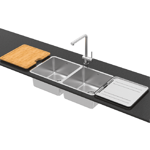 Abey Lago Sink Double Bowl 830x440mm Topmount/Undermount (Inc. Mixer, Tray & Chopping Board) Stainless Steel NL200T13 (KTA030-BR Mixer)