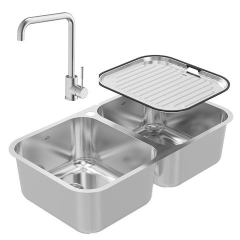 Abey Daintree Sink Double Bowl 782x446mm Topmount/Undermount (Inc. Mixer & Tray) 1 Taphole Stainless Steel NQ200THT11 ( KTA011-BR Mixer)