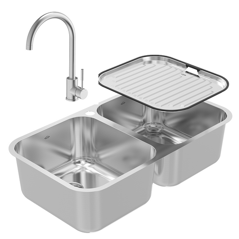 Abey Daintree Sink Double Bowl 782x446mm Topmount/Undermount (Inc. Mixer & Tray) 1 Taphole Stainless Steel NQ200THT10 (KTA029-BR Mixer)