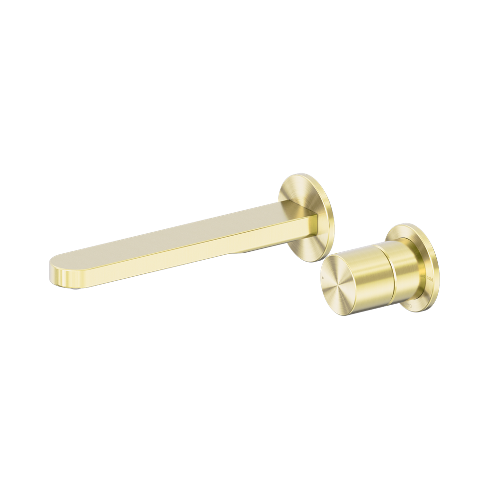 Nero Pure Progressive Wall Mixer Set Separate Back Plate 185mm Spout Brushed Gold NR172210BBG