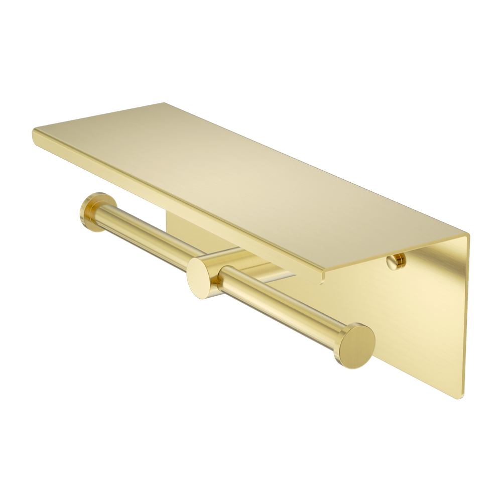 Nero Mecca Double Toilet Roll Holder w/ Shelf Brushed Gold NR1986EBG