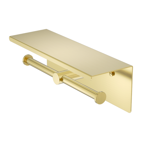 Nero Mecca Double Toilet Roll Holder w/ Shelf Brushed Gold NR1986EBG