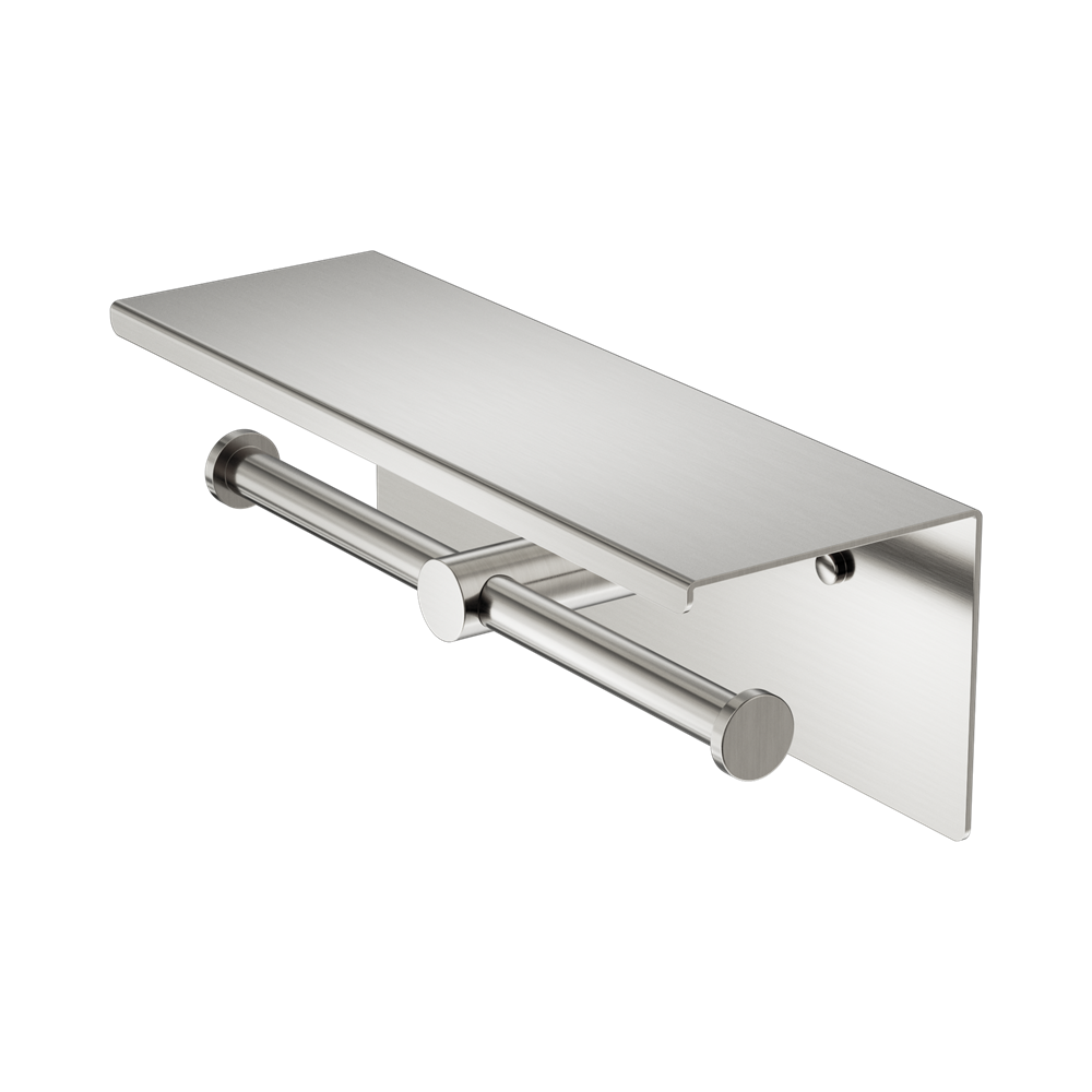 Nero Mecca Double Toilet Roll Holder w/ Shelf Brushed Nickel NR1986EBN