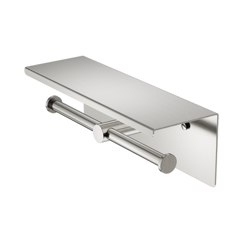 Nero Mecca Double Toilet Roll Holder w/ Shelf Brushed Nickel NR1986EBN