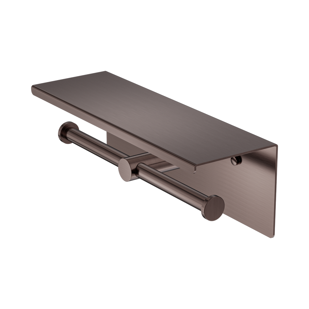 Nero Mecca Double Toilet Roll Holder w/ Shelf Brushed Bronze NR1986EBZ