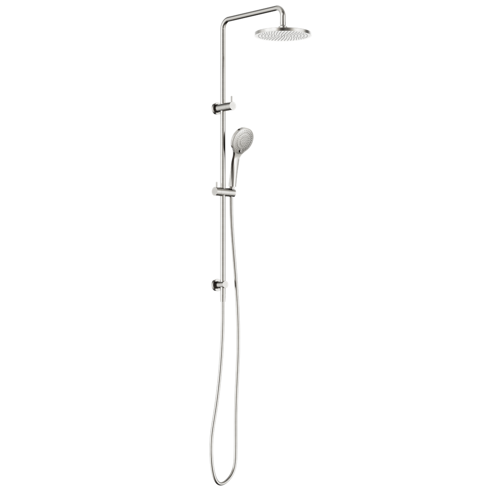 Nero Round Twin Shower Set Air 230mm Overhead Air 1 Handset DCV Brushed Nickel NR250805D01BN