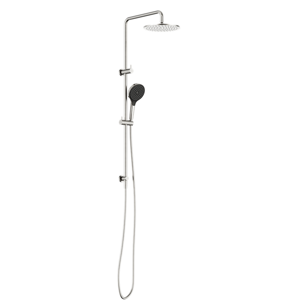 Nero Round Twin Shower Set 250mm Overhead Air 2 Handset DCV Brushed Nickel NR250805D02BN