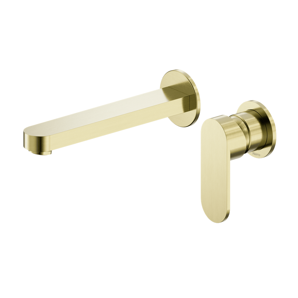 Nero Ecco Wall Basin/Bath Mixer Set 60mm Separate Plates 185mm Spout Brushed Gold NR301310CBG