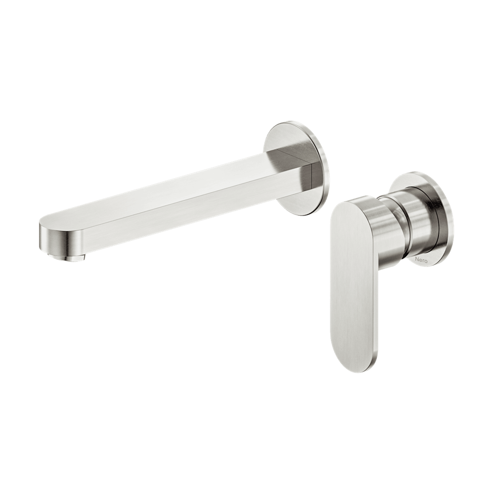 Nero Ecco Wall Basin/Bath Mixer Set 60mm Separate Plates 185mm Spout Brushed Nickel NR301310CBN
