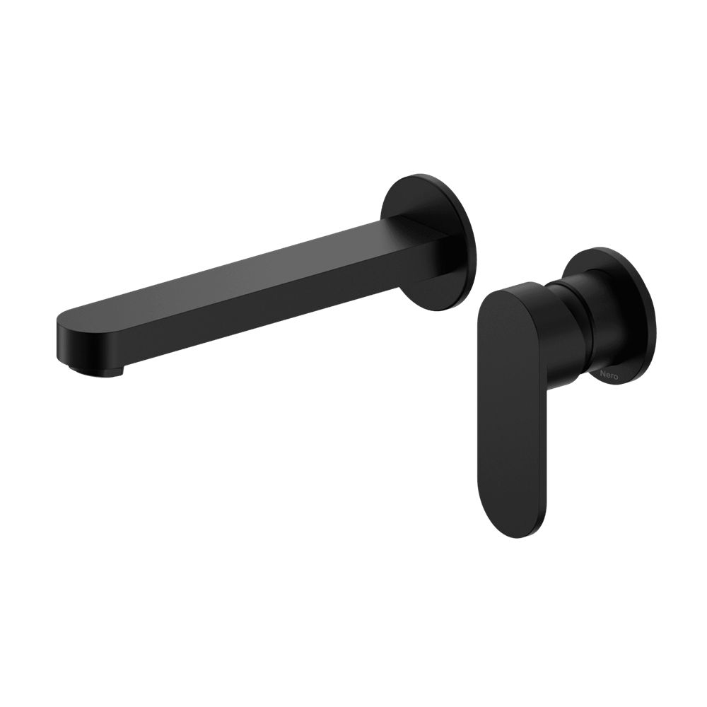Nero Ecco Wall Basin/Bath Mixer Set 60mm Separate Plates 185mm Spout Matte Black NR301310CMB