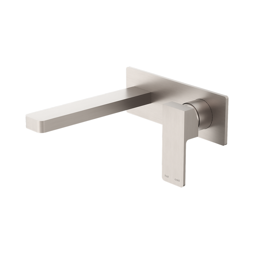 Nero Celia Wall Basin/Bath Mixer Uni Body Rectangle Plate Brushed Nickel NR301510ABN