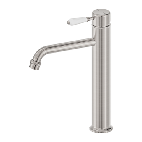 Nero York Straight Tall Basin Mixer w/ White Porcelain Lever Brushed Nickel NR692101A01BN
