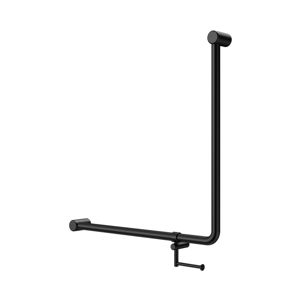 Nero Mecca Care 32mm 90 Degree Bent Tube Grab Rail 750X750mm w/ Toilet Roll Holder Matte Black NRCR3290BHMB