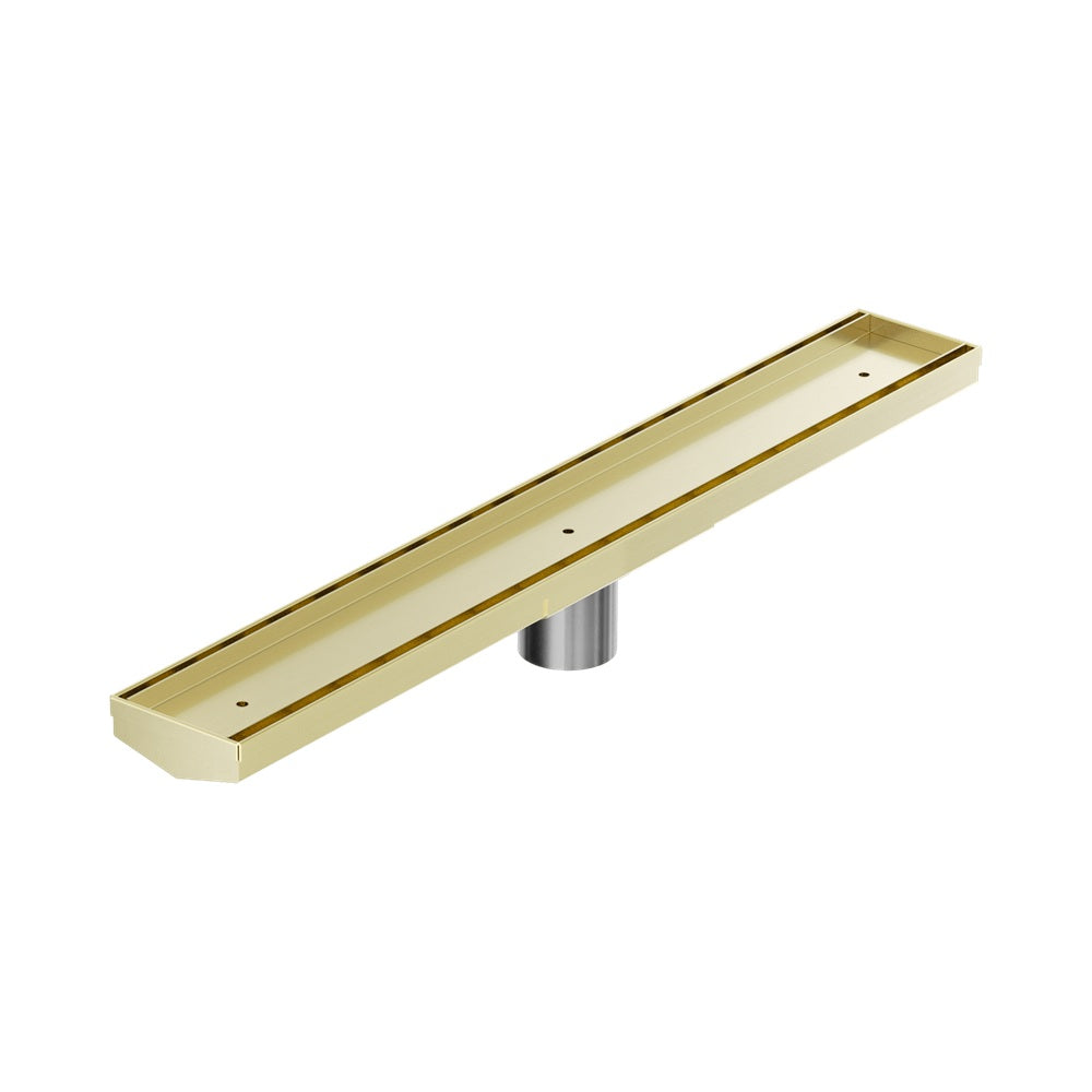 Nero Tile Insert V Channel 600x82mm Floor Grate 50mm Outlet Brushed Gold NRFG006HSBG