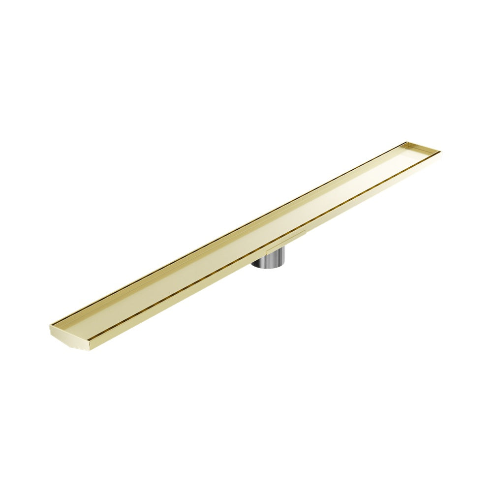 Nero Tile Insert V Channel 1200x106mm Floor Grate 80mm Outlet Brushed Gold NRFG009HSBG