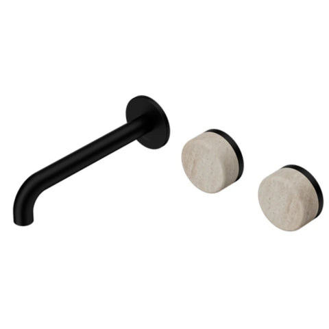 Nero Serenity Wall Basin Set 160mm Offset Spout w/ Rome Travertine Handle Matte Black 24D055MB