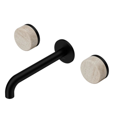 Nero Serenity Wall Basin Set 185mm Spout w/ Rome Travertine Handle Matte Black 24D043MB