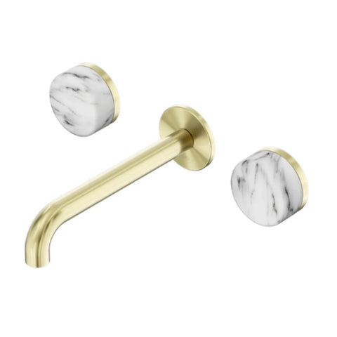 Nero Serenity Wall Basin Set 185mm Spout w/ Arabescato Corchia Handle Brushed Gold 24D044BG