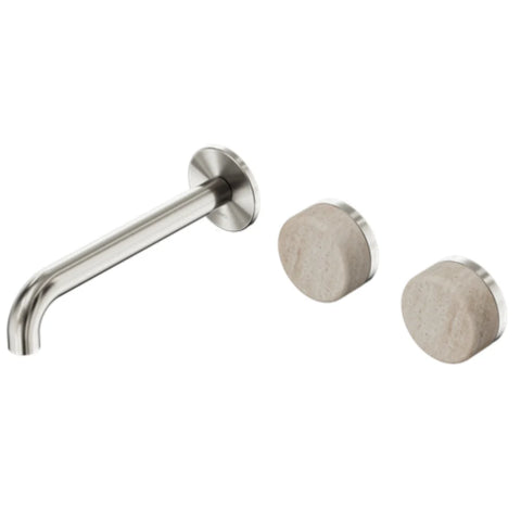 Nero Serenity Wall Basin Set 160mm Offset Spout w/ Rome Travertine Handle Brushed Nickel 24D055BN
