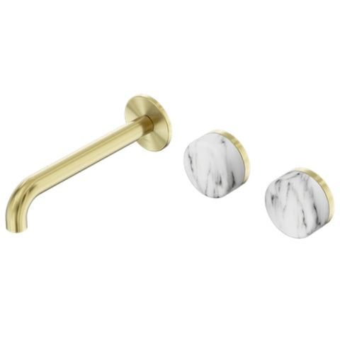 Nero Serenity Wall Basin Set 185mm Offset Spout w/ Arabescato Corchia Handle Brushed Gold 24D062BG