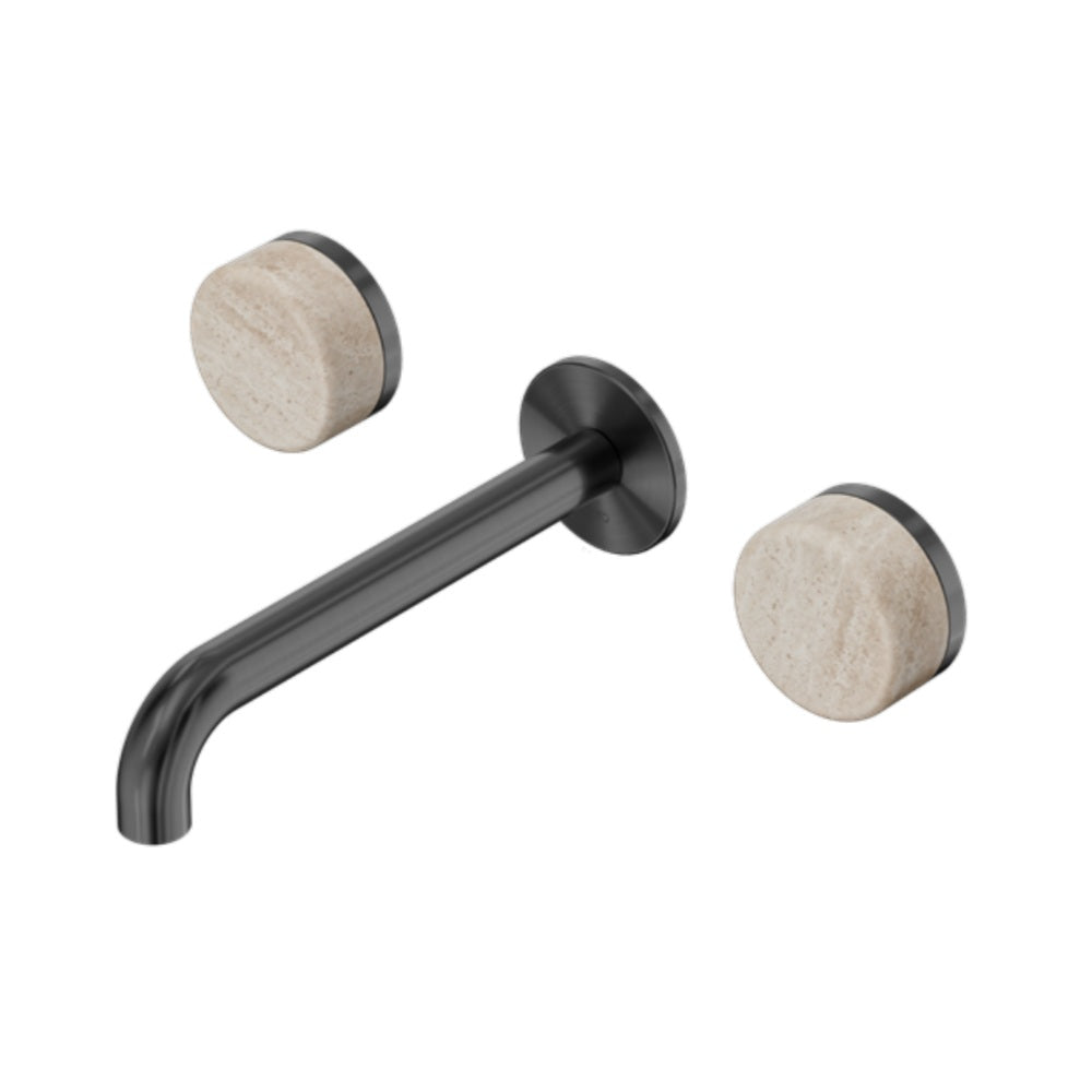 Nero Serenity Wall Basin Set 220mm Spout w/ Rome Travertine Handle Gunmetal 24D049GM