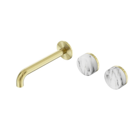 Nero Serenity Wall Basin Set 220mm Offset Spout w/ Arabescato Corchia Handle Brushed Gold 24D068BG