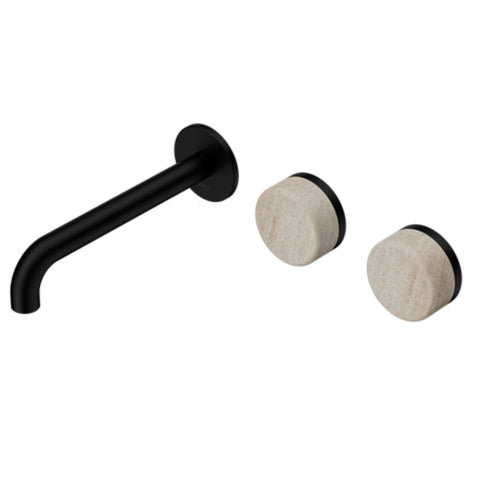 Nero Serenity Wall Basin Set 185mm Offset Spout w/ Rome Travertine Handle Matte Black 24D061MB