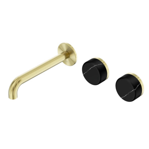 Nero Serenity Wall Basin Set 185mm Offset Spout w/ Marquina Black Handle Brushed Gold 24D125BG