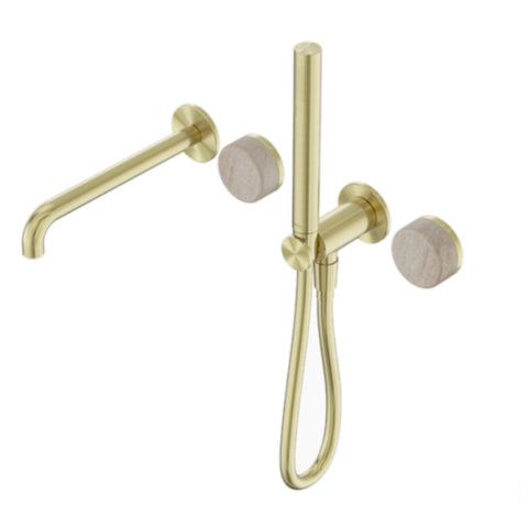 Nero Serenity Progressive Shower System w/ Spout w/ Rome Travertine Handle And Slim Shower Brushed Gold 24E009BG
