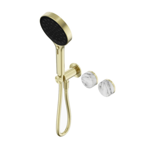 Nero Serenity Progressive Shower System w/ Arabescato Corchia Handle And Serenity Hand Shower Brushed Gold 24E028BG