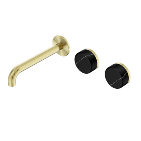 Nero Serenity Wall Basin Set 220mm Offset Spout w/ Marquina Black Handle Brushed Gold 24D126BG