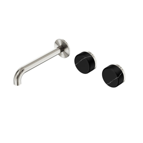 Nero Serenity Wall Basin Set 220mm Offset Spout w/ Marquina Black Handle Brushed Nickel 24D126BN