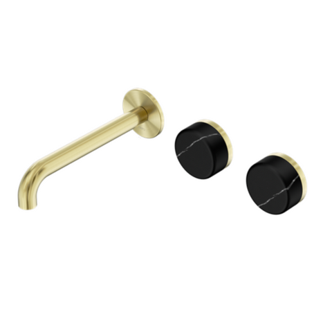 Nero Serenity Wall Basin Set 160mm Offset Spout w/ Marquina Black Handle Brushed Gold 24D124BG