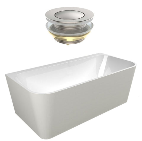 Seima Plati 130 Back to Wall Bath 1700mm Gloss White + Flexiwaste Overflow Kit & Pop-Out Waste Brushed Nickel 192864