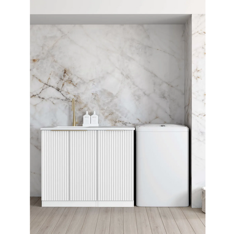 Otti Noosa Fluted Laundry Cabinet 1060mm White / Matte White Top LA-1060-NSW-MW