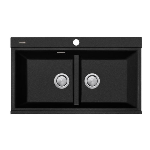 Oliveri Santorini Sink Double Bowl Topmount 840x480mm + Glass Top w/ Overflow Black ST-BL1566GT OF