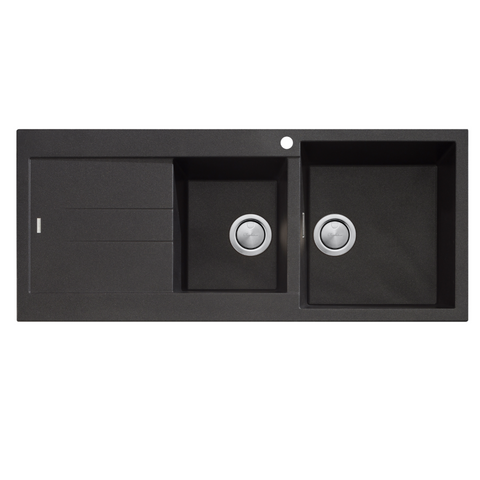 Oliveri Santorini Sink 1&3/4 Right Hand Bowl Topmount 1140x480mm w/ Drainer & Overflow Black ST-BL1512 OF