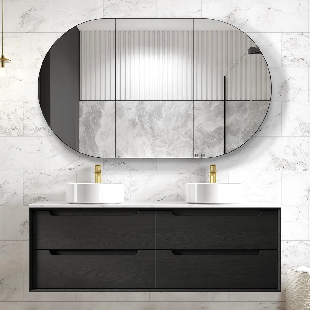 Otti Byron Wall Hung Vanity 1500mm (10 & 2 O'Clock Taphole) Black Oak / Mont Blanc Top BY1500BST-CA-10TH
