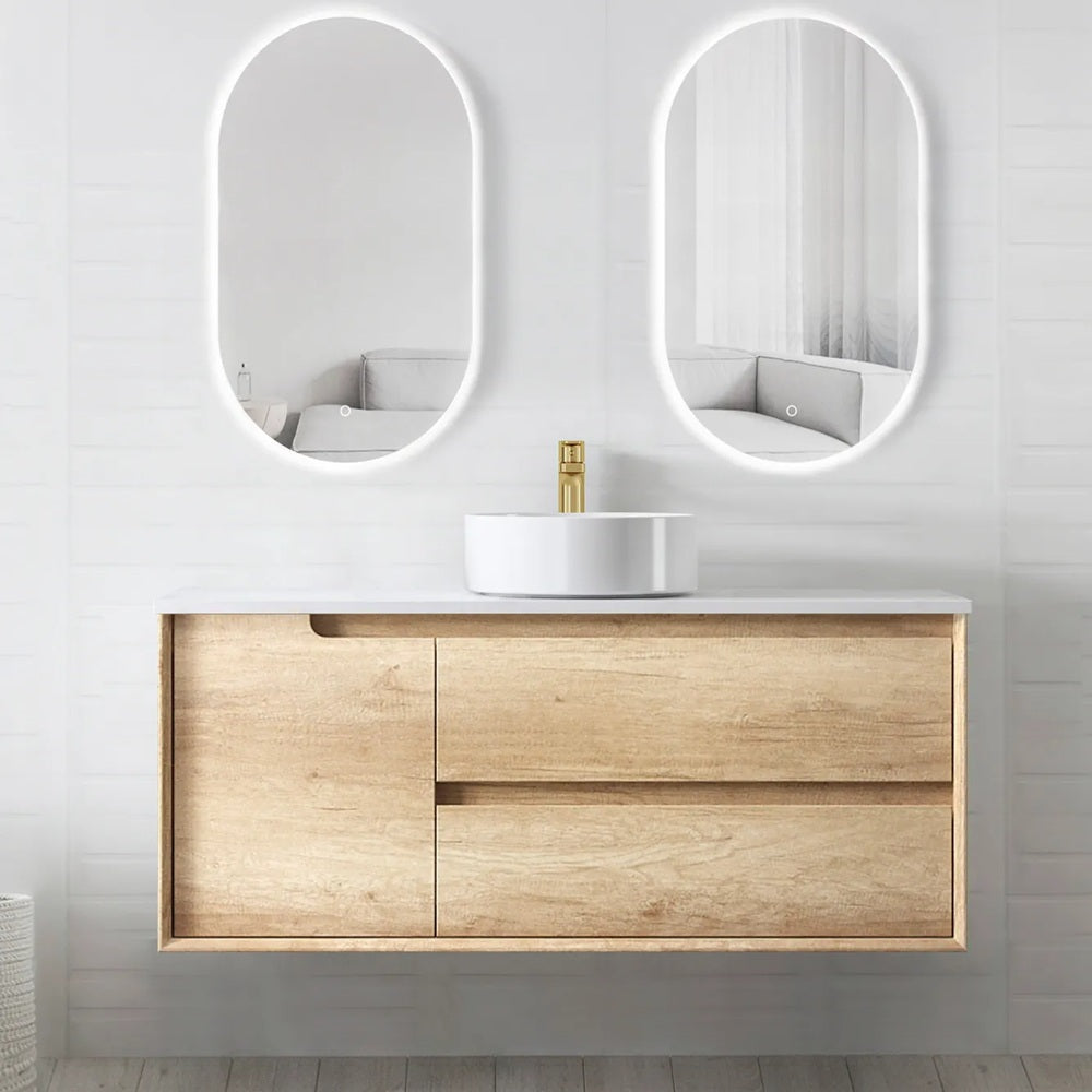 Otti Byron Wall Hung Vanity 1200mm (10 O'Clock Taphole) Natural Oak / Mont Blanc 60mm Top BY1200NST-60CA-10TH