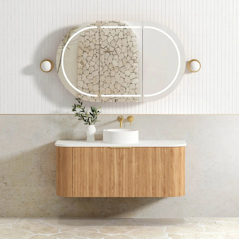 Otti Bondi Curve Wall Hung Vanity 1200mm Fluted Woodland Oak w/ Natural Carrara Marble Top BOW1200LST-NCA