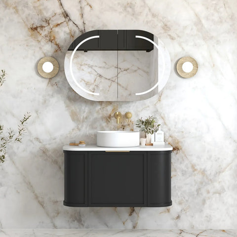 Otti Hampshire Curve Wall Hung Vanity 900mm Satin Black / Sand Dune Top BOH900BST-SD