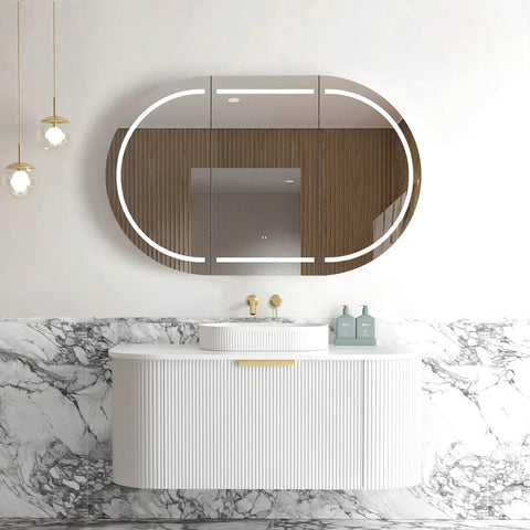 Otti Bondi Wall Hung Curve Vanity 1200mm Fluted Satin White w/ Pure White Fluted Top BO1200WST-PW