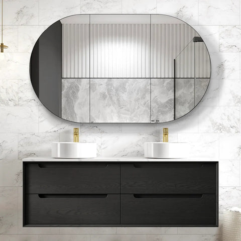 Otti Byron Wall Hung Vanity 1500mm (No Taphole) Black Oak / Mont Blanc 60mm Top BY1500BST-60CA-NTH