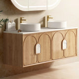 Otti Laguna Mk II Wall Hung Vanity 1500mm Natural Woodland Oak w/ Cloudy Carrara Top LGM1500NSTUD-CA