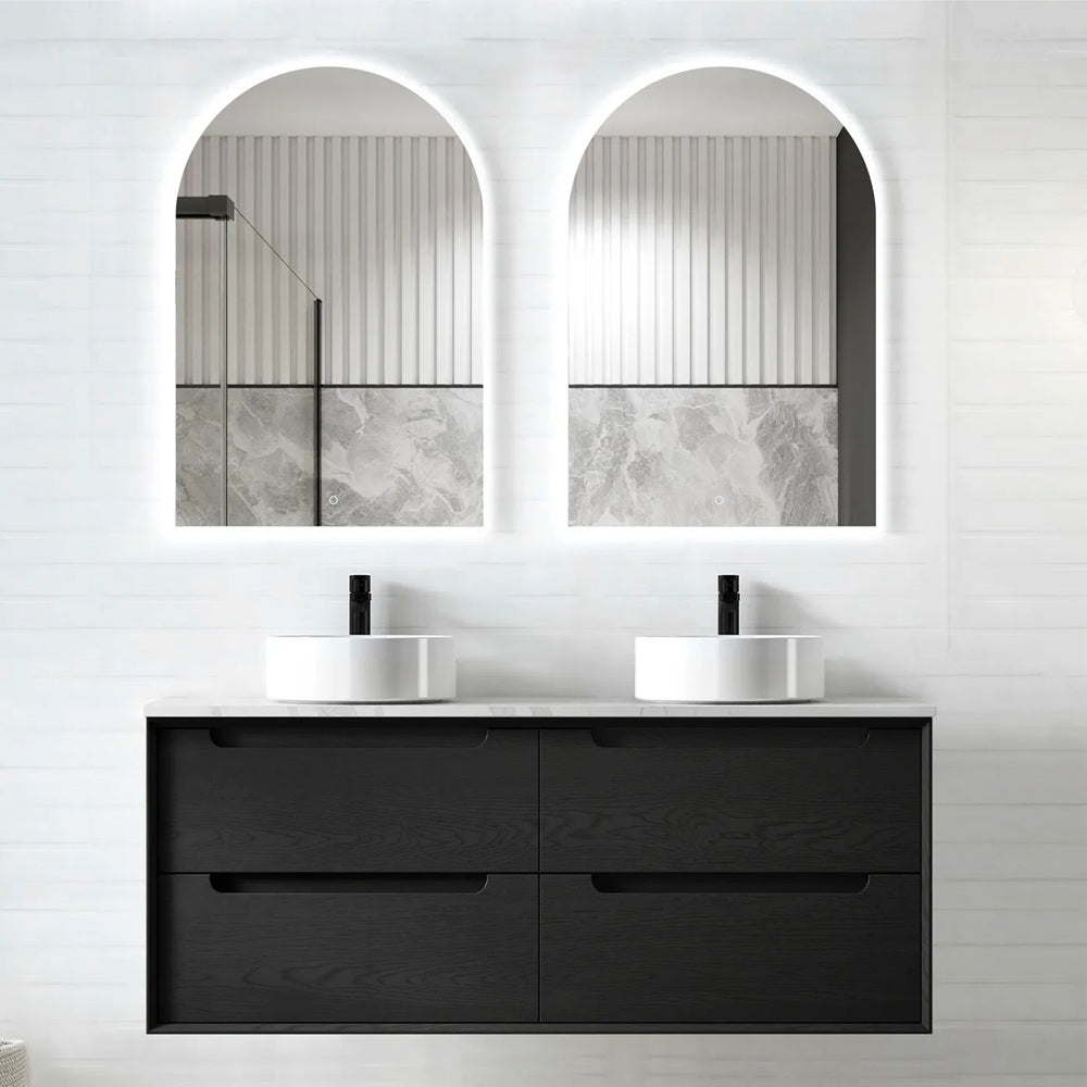 Otti Byron Wall Hung Vanity 1200mm Black Oak w/ Matte White Top Double Bowl BY1200BSTUD-MW-D