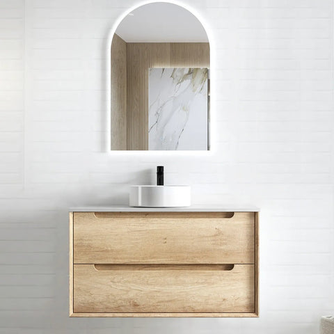 Otti Byron Wall Hung Vanity 900mm Natural Oak w/ Pure White Top BY900NSTUD-PW