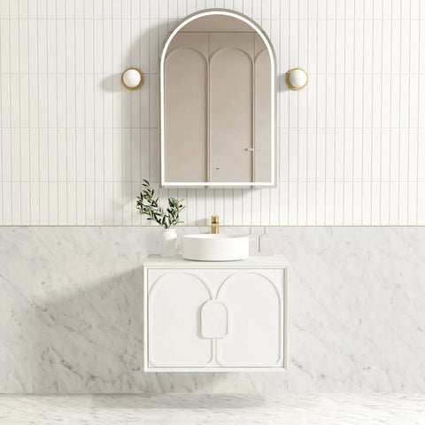 Otti Laguna Mk II Wall Hung Vanity 750mm Matte White w/ Natural Carrara Marble Top LGM750WSTUD-NCA