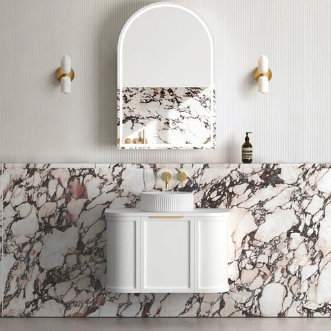 Otti Hampshire Wall Hung Curve Vanity 750mm Satin White w/ Cloudy Carrara Top BOH750WST-CA